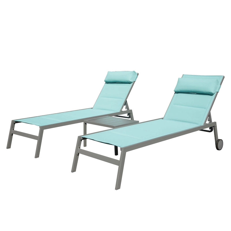 Outdoor Patio Chaise Lounge Set Of 3, Aluminum Pool Lounge Chairs With And Wheels, Textilene Padded Adjustable Recliner