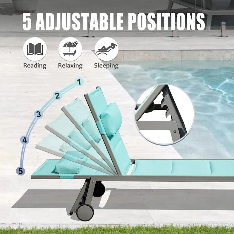 Ensemble de 3 chaises longues d'extérieur, chaises longues de piscine en aluminium avec roulettes, fauteuil inclinable réglable rembourré en textilène