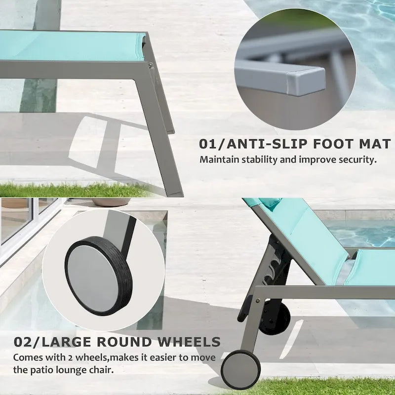Ensemble de 3 chaises longues d'extérieur, chaises longues de piscine en aluminium avec roulettes, fauteuil inclinable réglable rembourré en textilène
