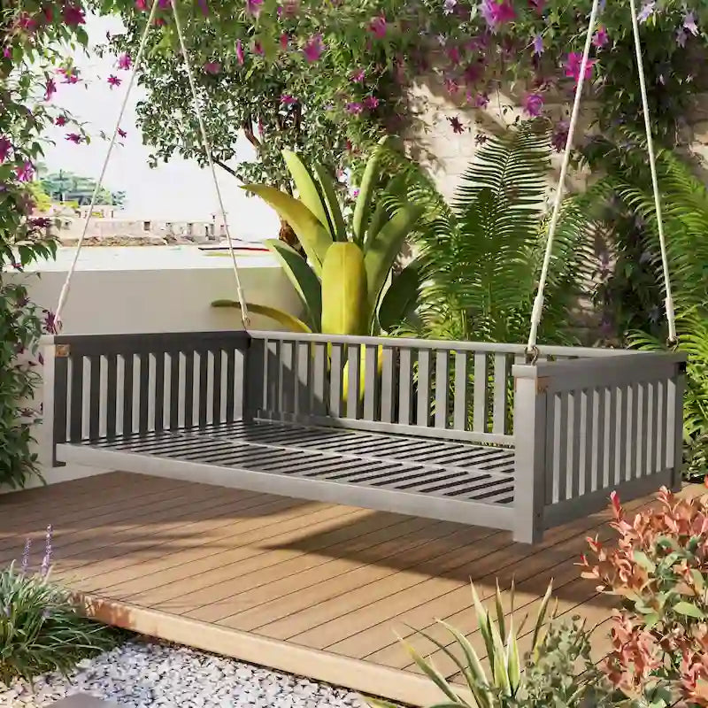 Balancelle de jardin minimaliste pour deux personnes, en bois, avec cordes, pour terrasse ou véranda, design incliné sécurisé