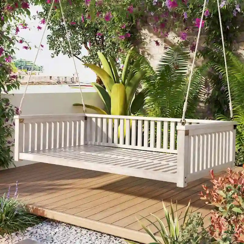 Balancelle de jardin minimaliste pour deux personnes, en bois, avec cordes, pour terrasse ou véranda, design incliné sécurisé