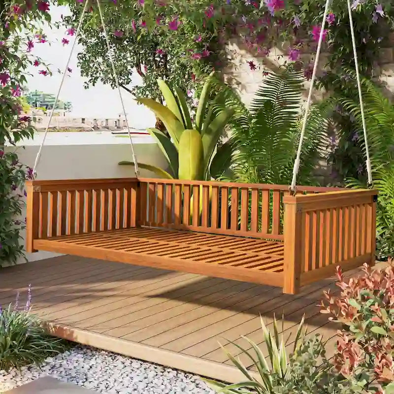 Balancelle de jardin minimaliste pour deux personnes, en bois, avec cordes, pour terrasse ou véranda, design incliné sécurisé