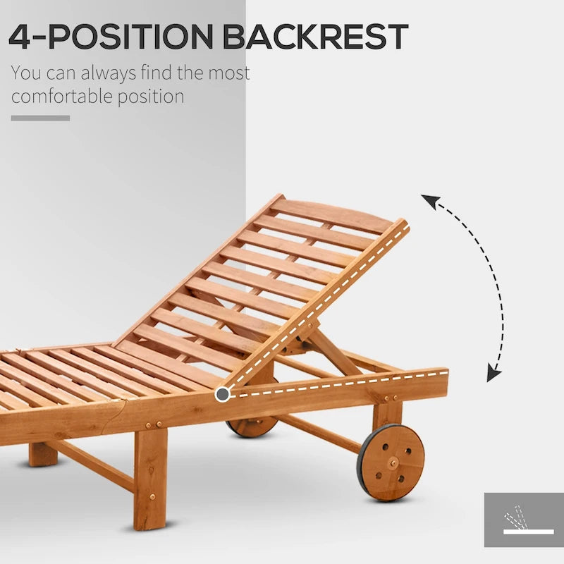 Chaise longue pliante d'extérieur Outsunny avec roulettes, structure en bois d'acacia