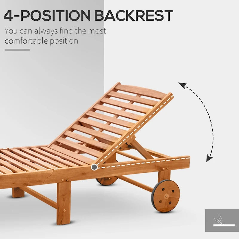 Chaise longue pliante d'extérieur Outsunny avec roulettes, structure en bois d'acacia