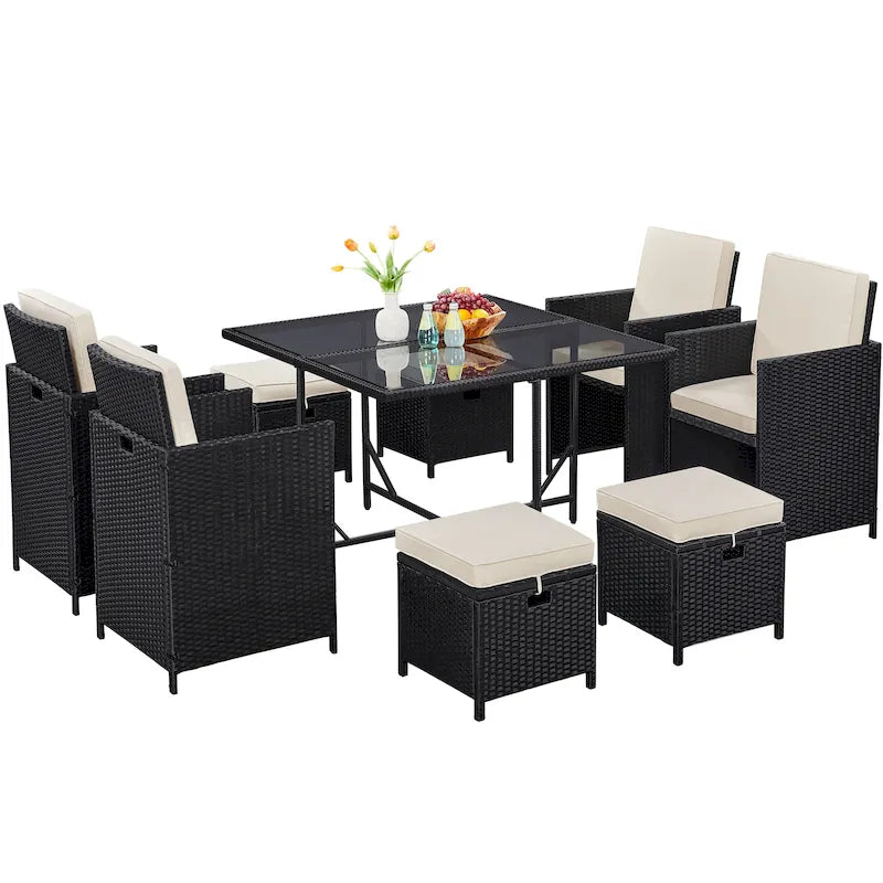 Ensemble de salle à manger d'extérieur Yaheetech 9 pièces avec table en verre et poufs pour pelouse et jardin, noir/beige