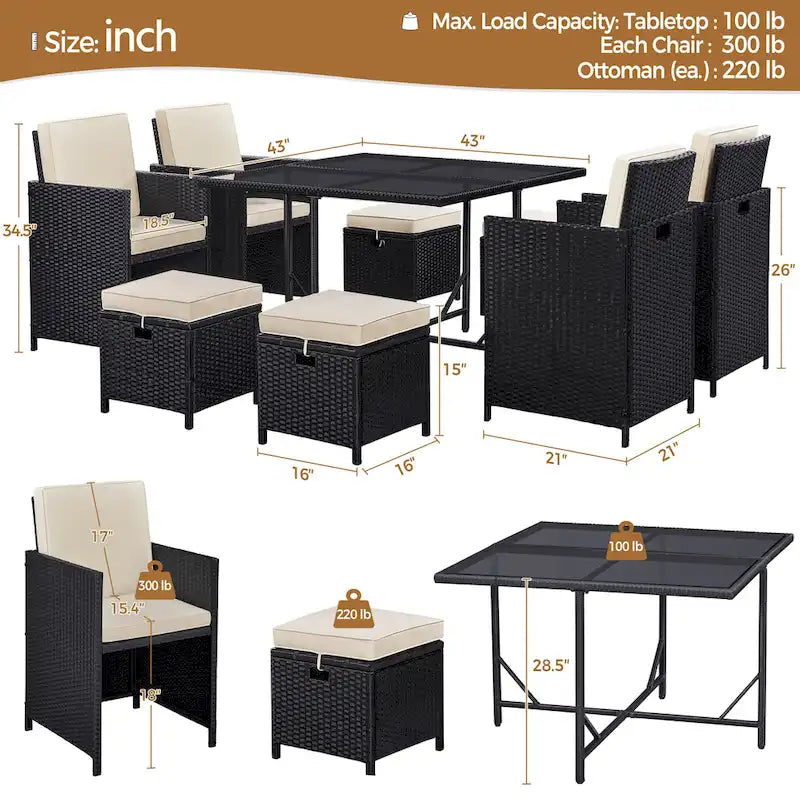 Ensemble de salle à manger d'extérieur Yaheetech 9 pièces avec table en verre et poufs pour pelouse et jardin, noir/beige
