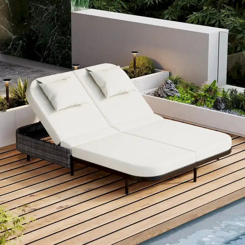 Outdoor Double Chaise Lounge Chair with 5-Position Adjustable Backrest, Patio PE Rattan Reclining Chair 2-Person Sunbed Daybed