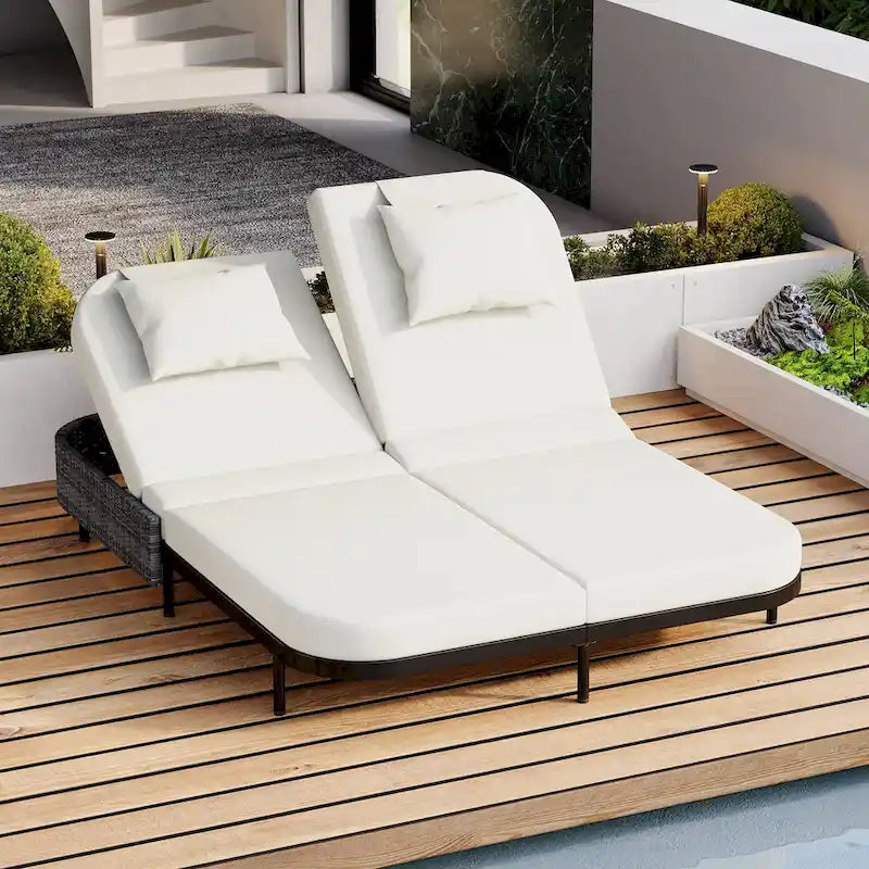 Chaise longue double d'extérieur avec dossier réglable 5 positions, chaise longue inclinable en rotin PE pour terrasse, bain de soleil 2 places