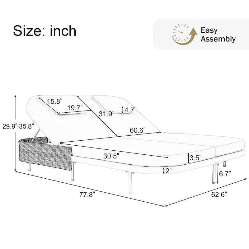 Chaise longue double d'extérieur avec dossier réglable 5 positions, chaise longue inclinable en rotin PE pour terrasse, bain de soleil 2 places