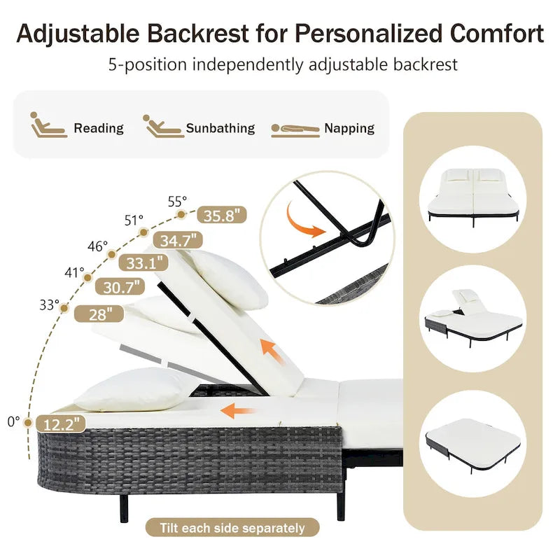 Chaise longue double d'extérieur avec dossier réglable 5 positions, chaise longue inclinable en rotin PE pour terrasse, bain de soleil 2 places
