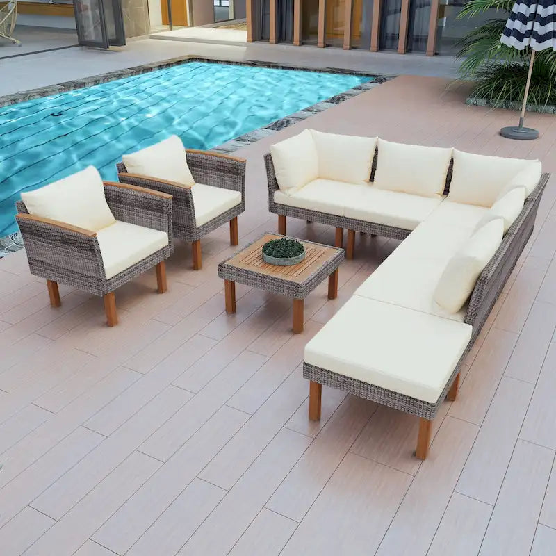 9-Piece Patio Rattan Conversation Set with Coffee Table & Washable Cushion