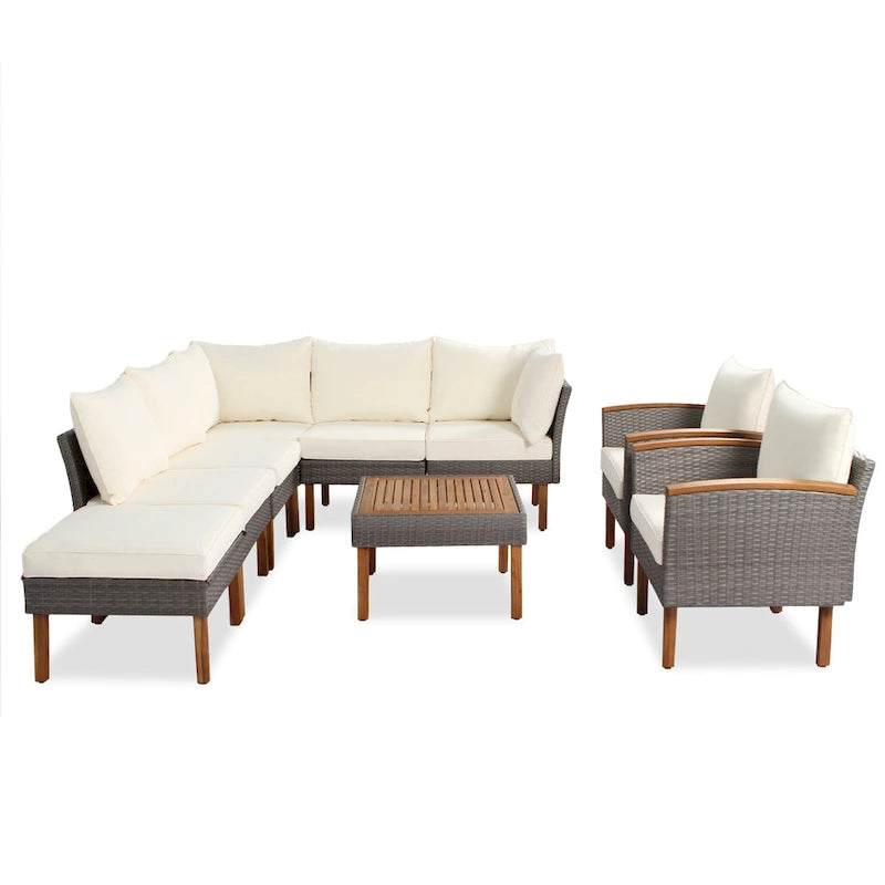Ensemble de conversation en rotin pour patio, 9 pièces, avec table basse et coussin lavable
