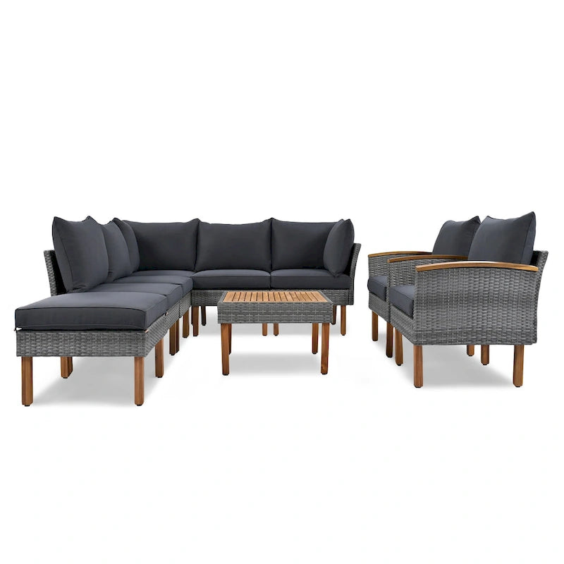 Ensemble de conversation en rotin pour patio, 9 pièces, avec table basse et coussin lavable