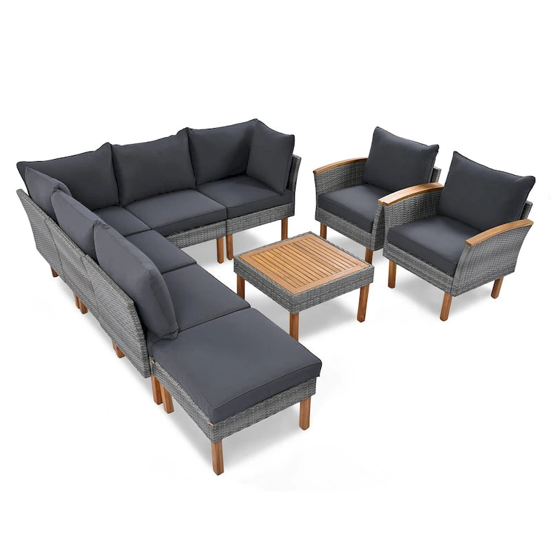 Ensemble de conversation en rotin pour patio, 9 pièces, avec table basse et coussin lavable