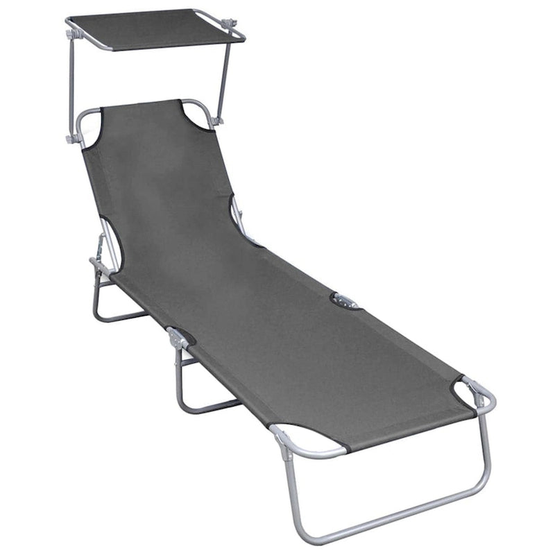 Keli Folding Chaise Lounger with Sun Canopy, Gray Aluminum, 74 Inch