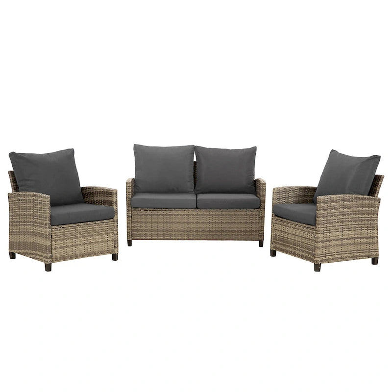 4-Piece Gray Outdoor Wicker Patio Seating Sofa, 1 Love-seat and 2 Single Sofa