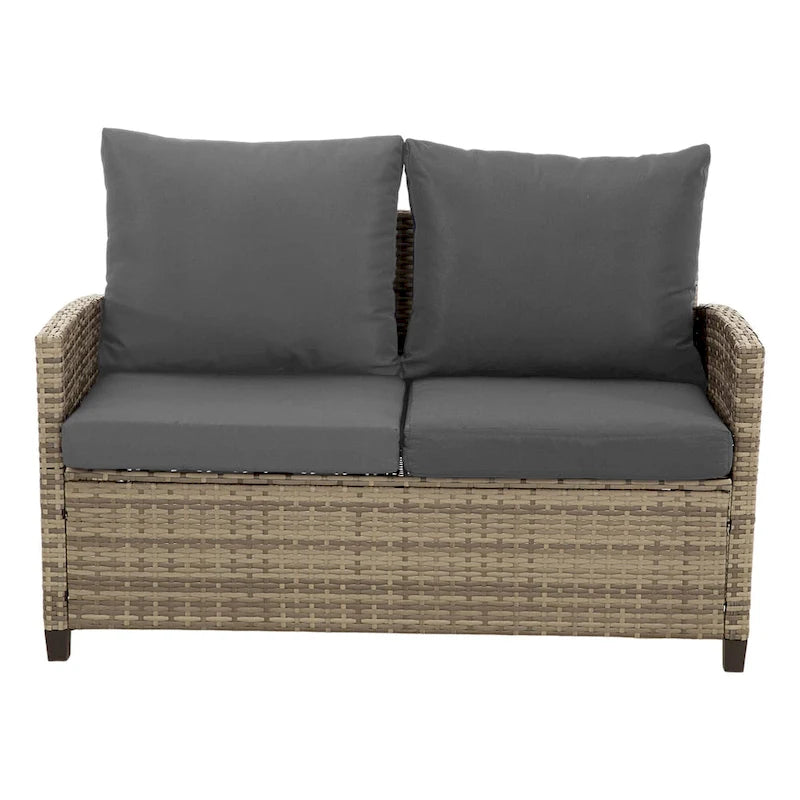 Ensemble de salon de jardin 4 pièces en résine tressée grise, comprenant 1 causeuse et 2 canapés simples
