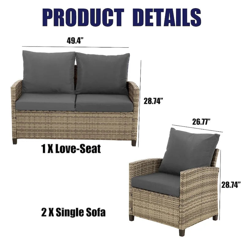 Ensemble de salon de jardin 4 pièces en résine tressée grise, comprenant 1 causeuse et 2 canapés simples
