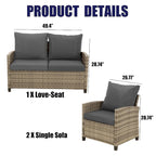 Ensemble de salon de jardin 4 pièces en résine tressée grise, comprenant 1 causeuse et 2 canapés simples