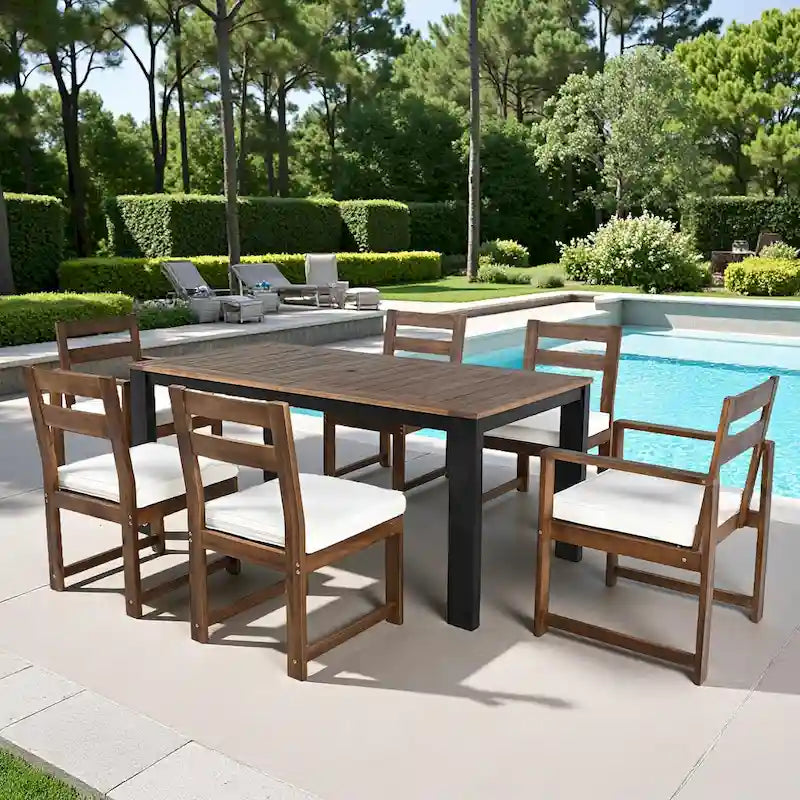 7-Piece Outdoor Patio Acacia Wood Dining Set with Umbrella Hole, 2 Armchairs and 4 Side Chairs