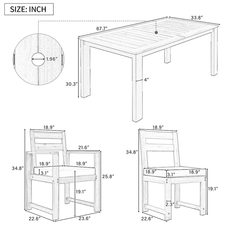 Ensemble de salle à manger d'extérieur 7 pièces en bois d'acacia avec trou pour parasol, 2 fauteuils et 4 chaises