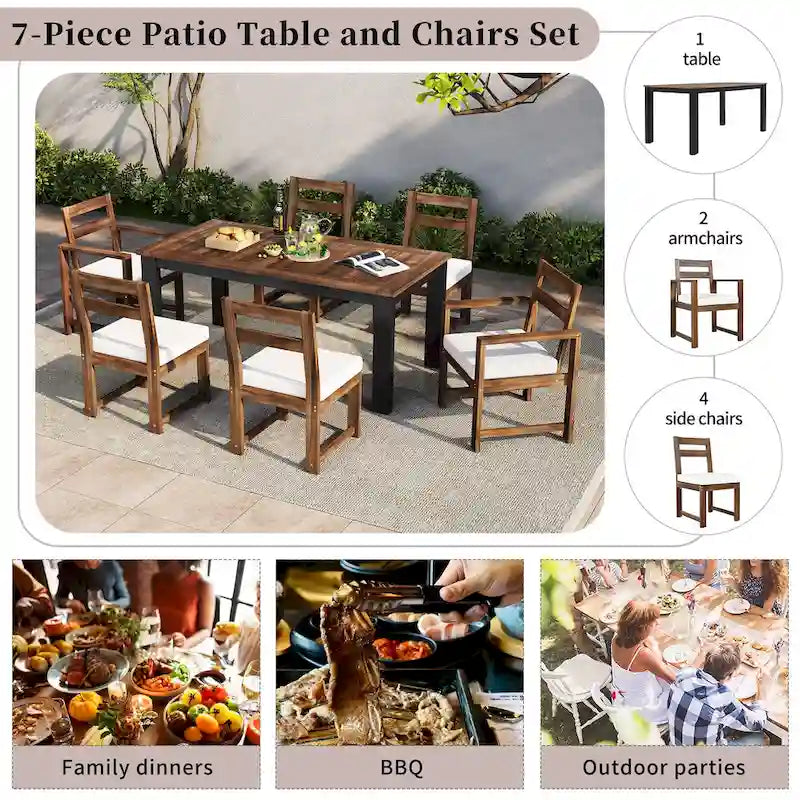 Ensemble de salle à manger d'extérieur 7 pièces en bois d'acacia avec trou pour parasol, 2 fauteuils et 4 chaises