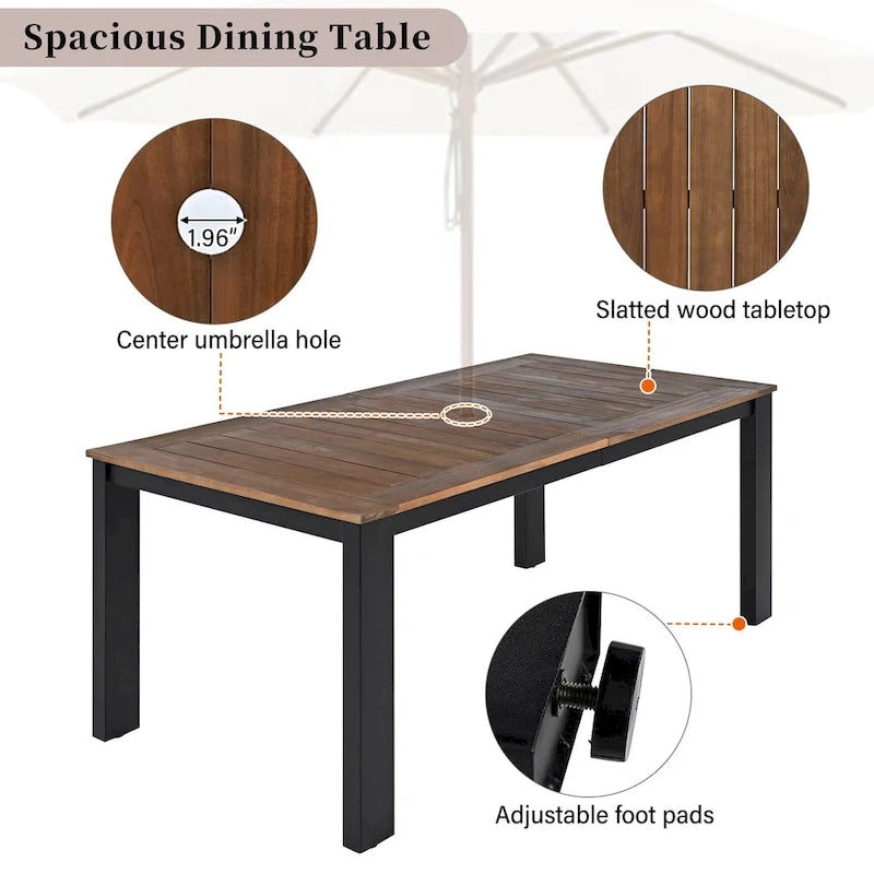 Ensemble de salle à manger d'extérieur 7 pièces en bois d'acacia avec trou pour parasol, 2 fauteuils et 4 chaises