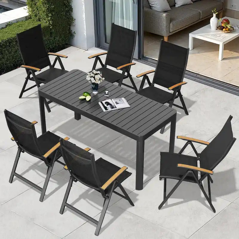 7pc Outdoor Dining Table Aluminum Extendable Table with Folding Chair - N/A
