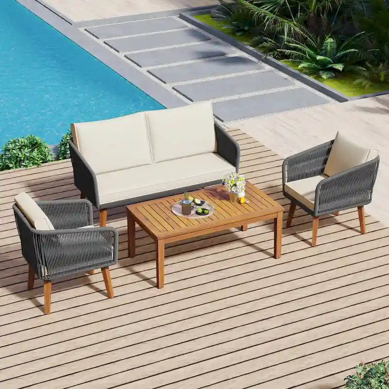 4-Piece Outdoor Patio Set, All-Weather Wicker Loveseat with Cushions