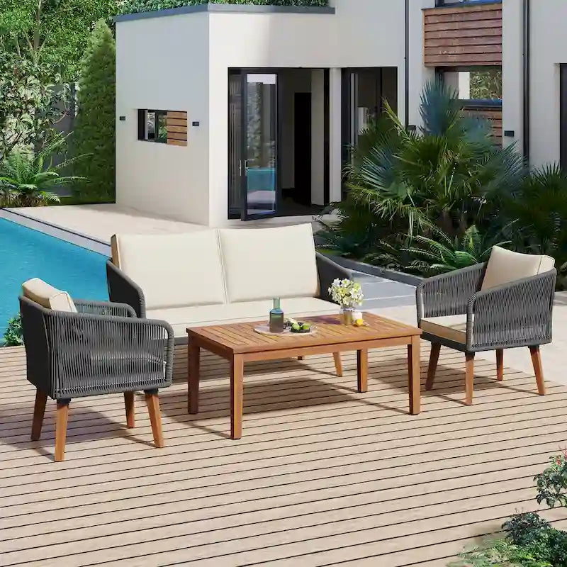 Ensemble de patio extérieur 4 pièces, canapé deux places en osier résistant aux intempéries avec coussins