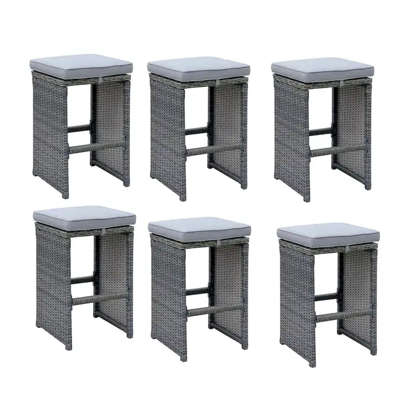 Ensemble de 6 tabourets de bar de terrasse en aluminium tressé et assise rembourrée en tissu, gris