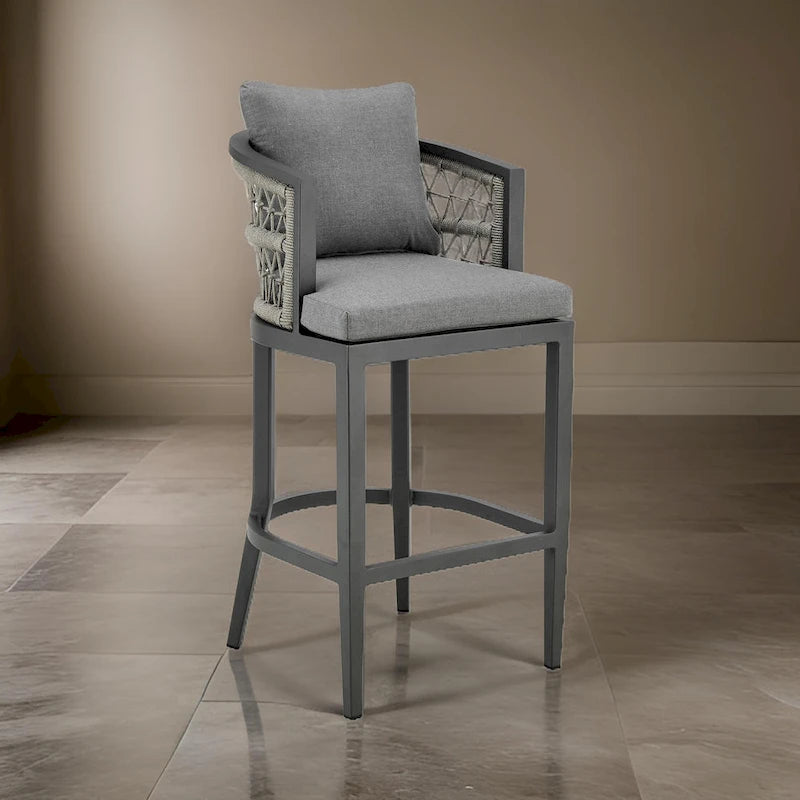 Hosa 26 Inch Outdoor Patio Counter Stool Chair, Gray Aluminum, Woven Rope