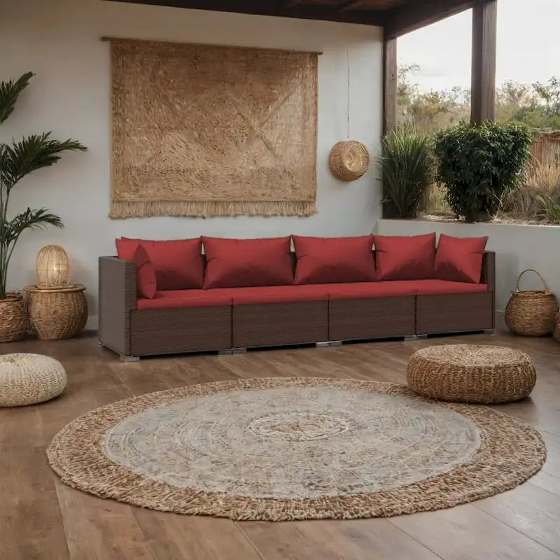 Ensemble de canapé d'angle de patio 4 pièces avec 6 oreillers et 4 coussins, rouge-brun