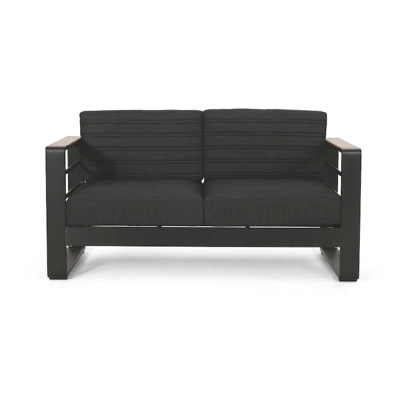 Vinia Loveseat, Outdoor Dark Gray Polyester, Wood Accents, Black, 57 Inch