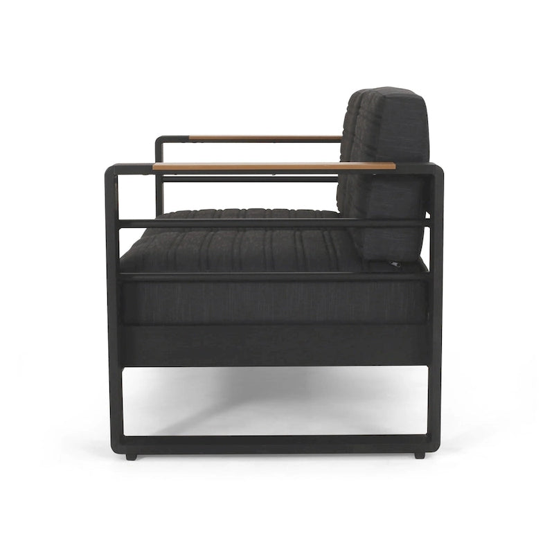 Canapé deux places Vinia, extérieur, polyester gris foncé, accents bois, noir, 145 cm