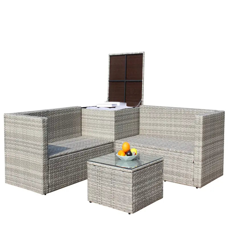 Ensemble de mobilier de patio 4 pièces, ensemble de conversation extérieur résistant aux intempéries, canapé d'angle en rotin tressé avec coffre de rangement et table.