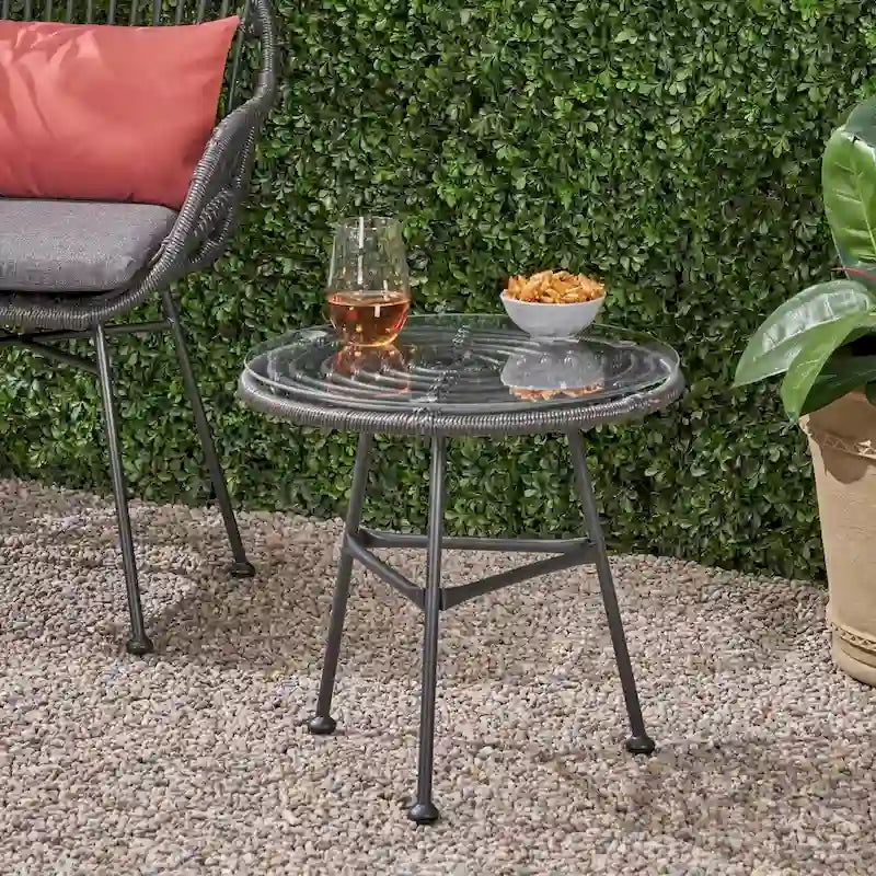 Orlando Outdoor Woven Faux Rattan Side Table with Glass Top by Christopher Knight Home