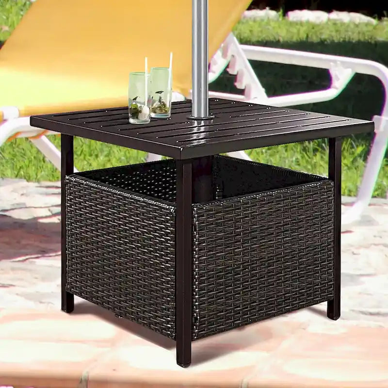 Rattan Wicker Side Table Outdoor Furniture Deck Umbrella Table Brown