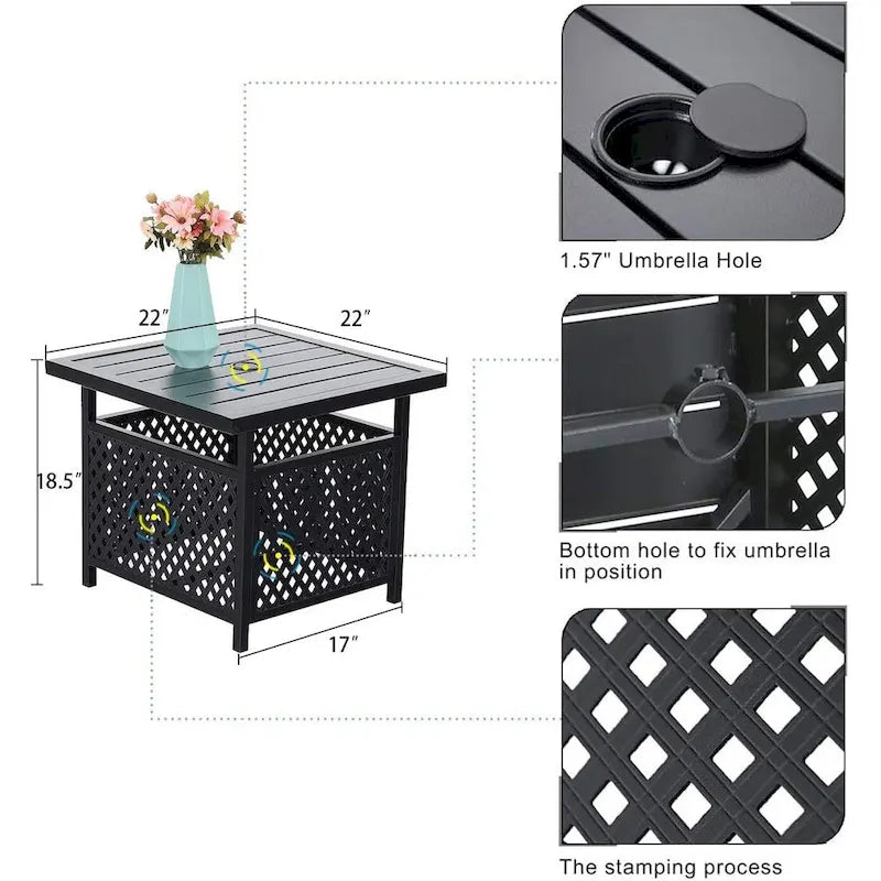 Ensemble de salle à manger d'extérieur 3 pièces, table d'appoint en métal et 2 chaises à ressorts en C, ensemble de conversation avec trou pour parasol