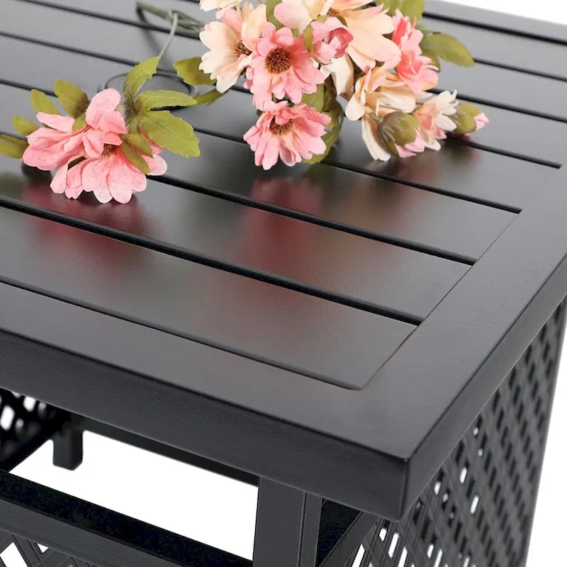 Ensemble de salle à manger d'extérieur 3 pièces, table d'appoint en métal et 2 chaises à ressorts en C, ensemble de conversation avec trou pour parasol