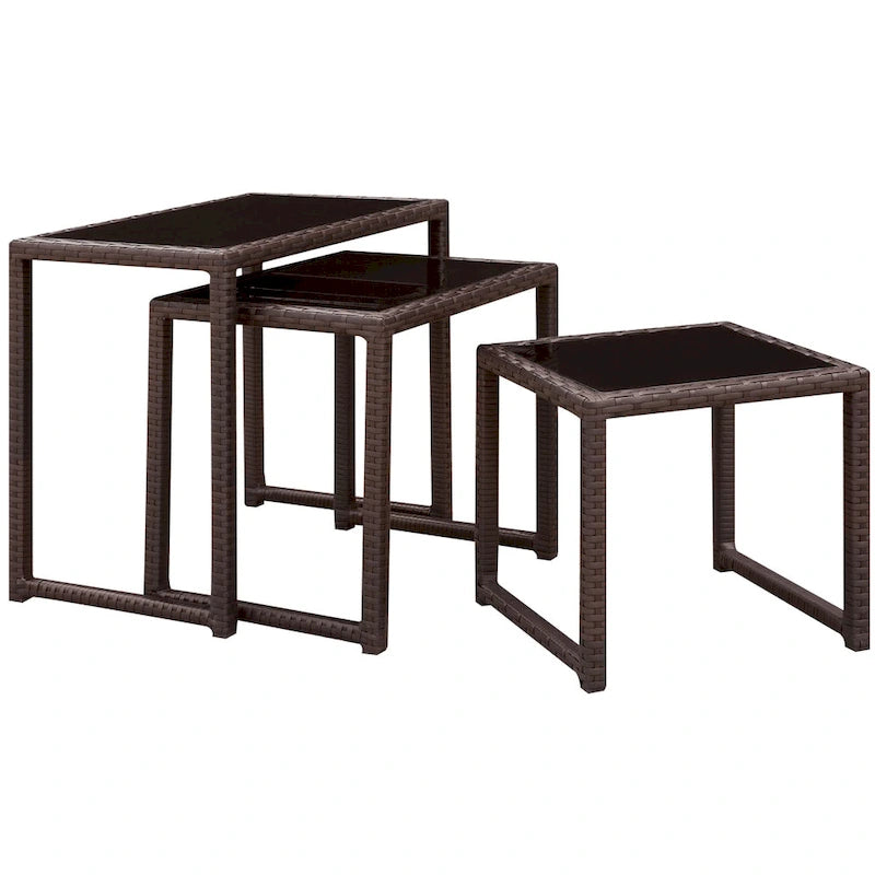 Ensemble de 3 tables gigognes d'extérieur Viro Contemporary Espresso avec plateau en verre, par Furniture of America