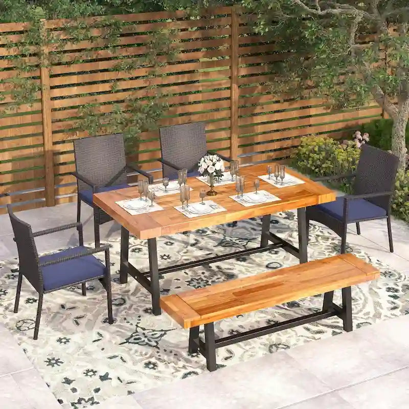 Ensemble de salle à manger d'extérieur 6 pièces MAISON ARTS en bois d'acacia et rotin avec coussins