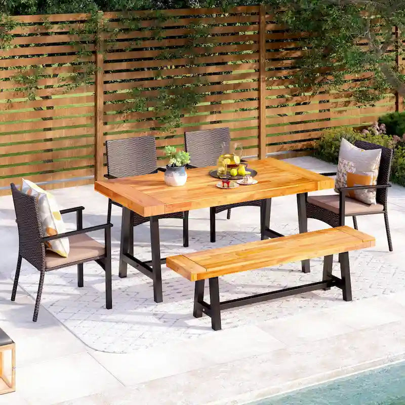 Ensemble de salle à manger d'extérieur 6 pièces MAISON ARTS en bois d'acacia et rotin avec coussins