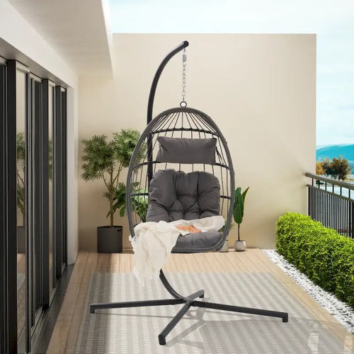 1-Person Gray Metal Porch Swing Egg Chair with Stand and Cushion