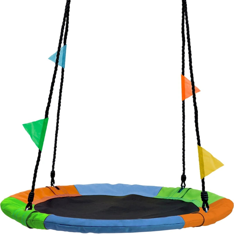 Balançoire ronde en forme de soucoupe, multicolore, pour enfants, utilisable à l'intérieur comme à l'extérieur. Tapis et accessoires inclus (rond 24).