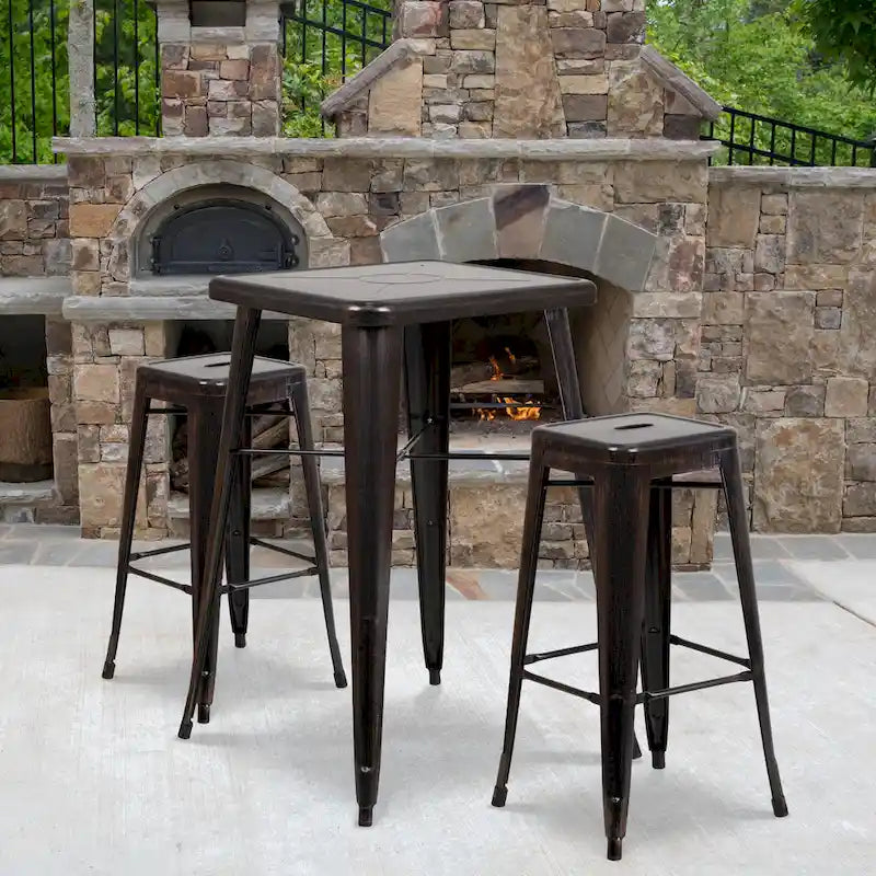 23.75  Square Metal Indoor-Outdoor Bar Table Set with 2 Square Seat Stools - 27.75 W x 27.75 D x 40 H