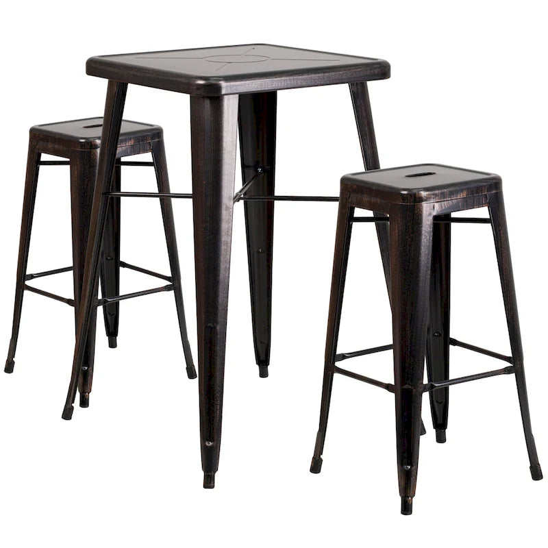 Ensemble table de bar carrée en métal pour intérieur/extérieur (60,3 cm) avec 2 tabourets carrés - 70,5 cm (L) x 70,5 cm (P) x 101,6 cm (H)