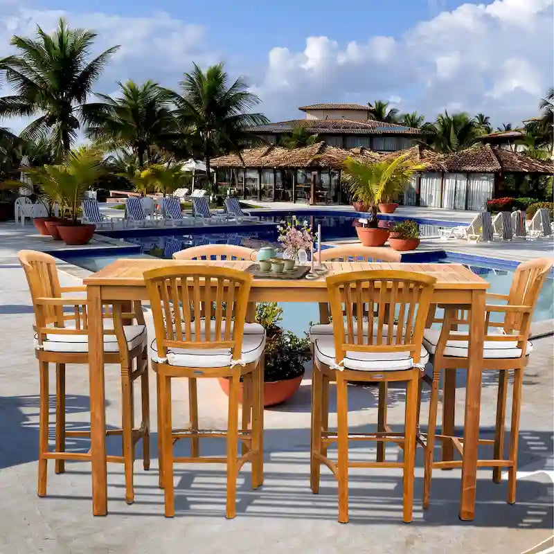 Chic Teak 7 Piece Teak Wood Orleans Patio Bistro Bar Set, 63  Bar Table, 2 Bar Chairs w/ Arms & 4 Armless Bar Chairs