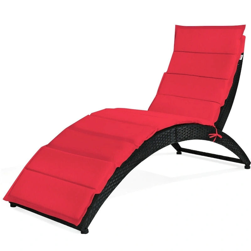 Folding Patio Rattan Portable Lounge Chair Chaise with Cushion - 64  x 25  x 37  (L x W x H)