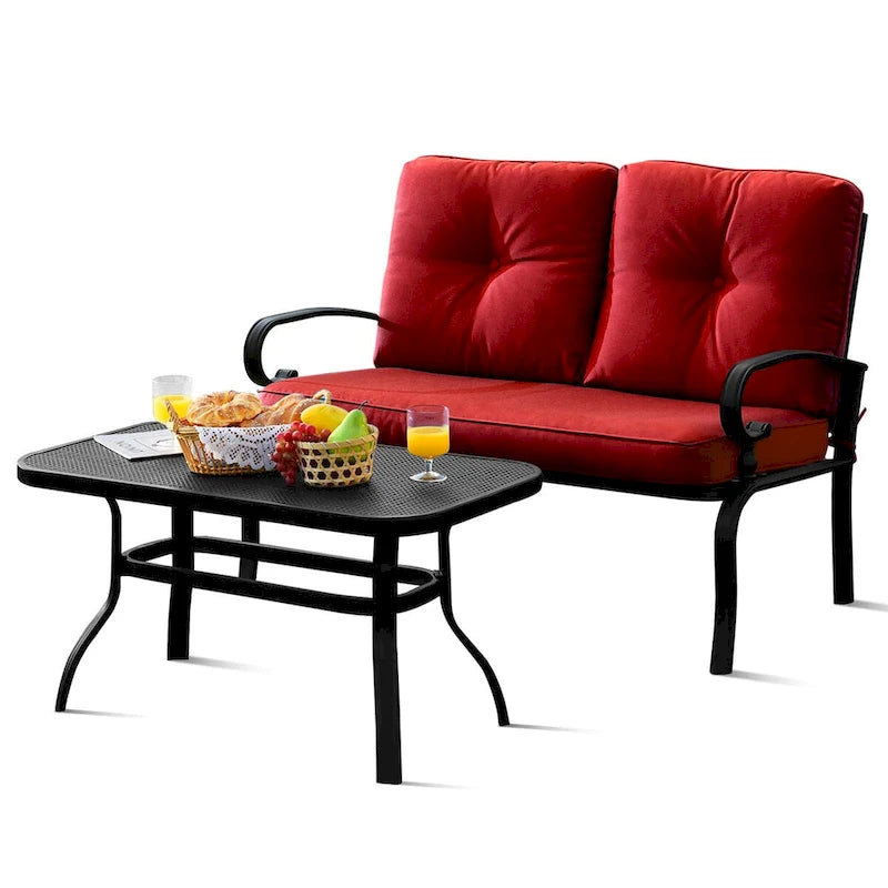 Ensemble de canapé de jardin Gymax 2 pièces avec table et causeuse, coloris rouge